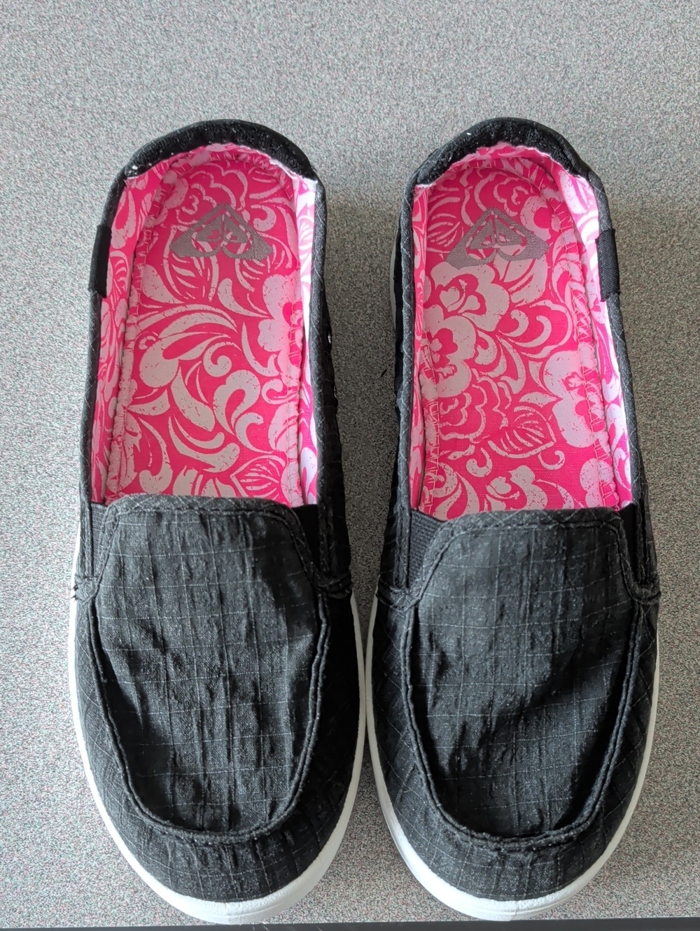 Roxy Black Slip-On Flats with Pink Floral Insole